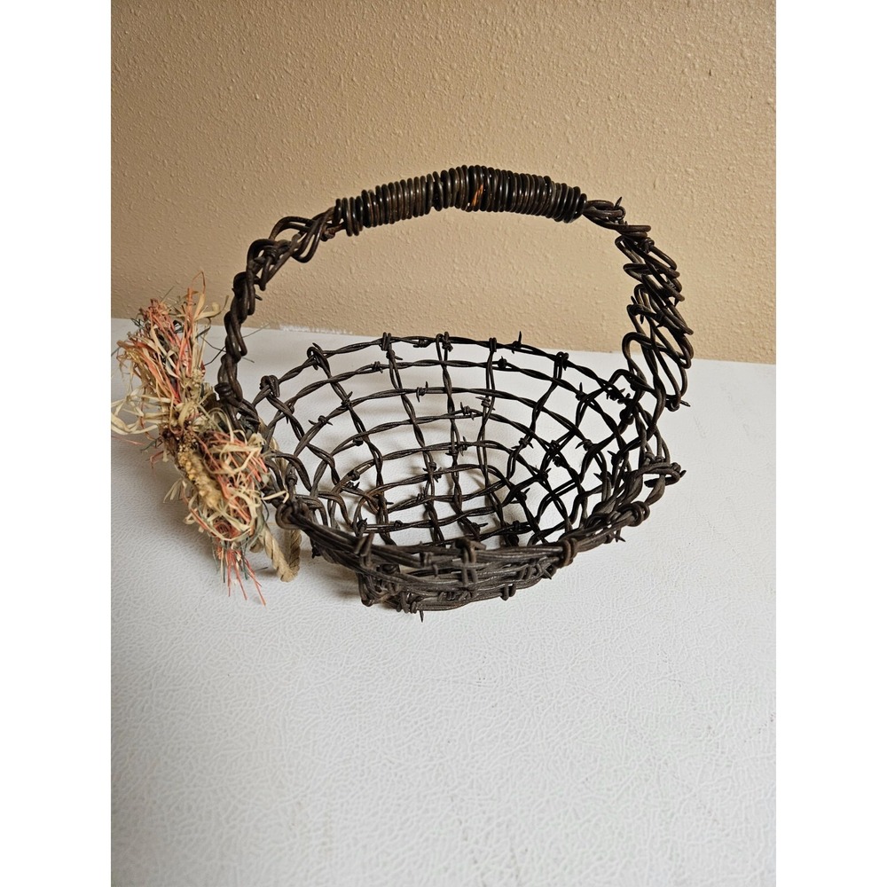 Terrific Solid Vintage Handmade Rustic Barb Wire Basket, Country Western